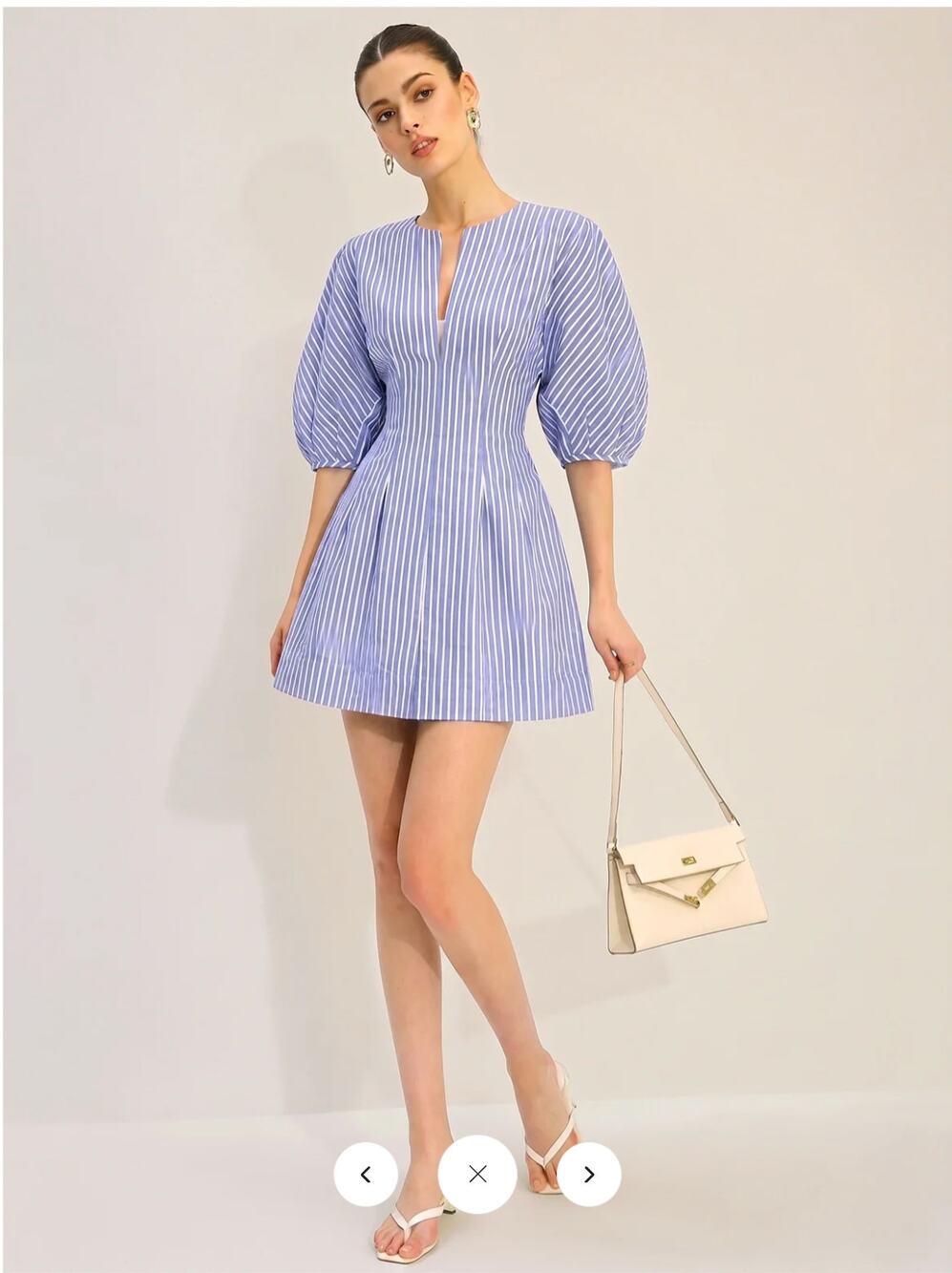 NWT Commense Striped Puff Sleeve Cotton Linen Mini Dress Sz S